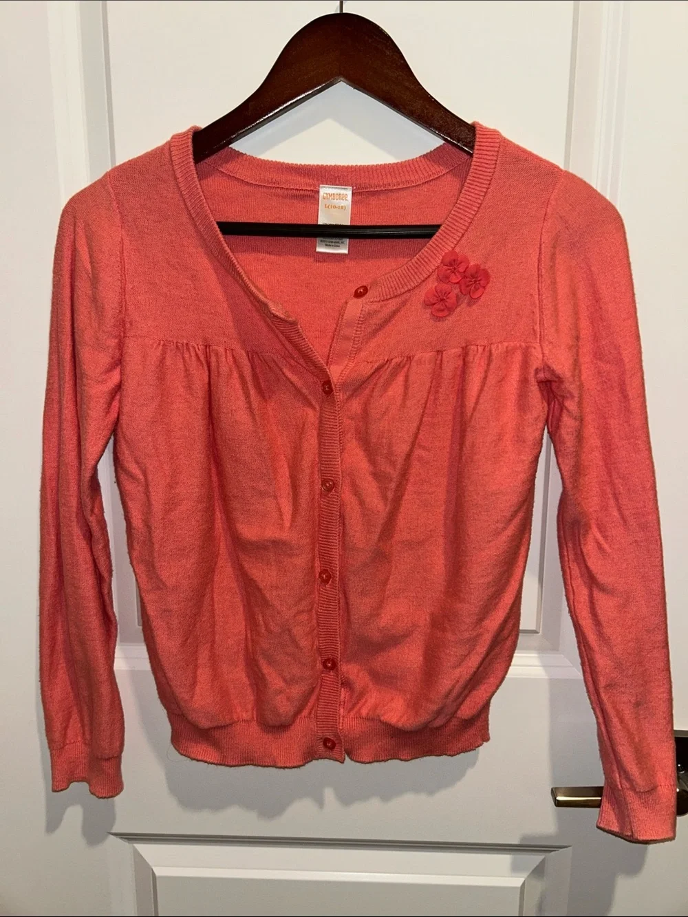Girls Gymboree Coral Knit Button-Front Cardigan with Floral Appliqué
